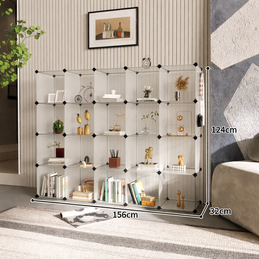 Libreria Modulare Trasparente 20 Cubi – Scaffale Componibile con Connettori Rinforzati – Mobile Multiuso per Studio, Soggiorno, Ufficio