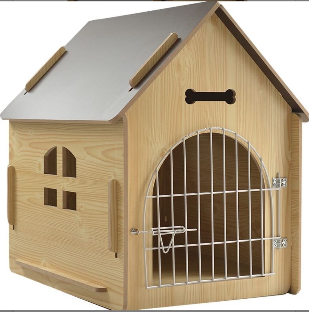 Cuccia per cani e gatti in legno con sportello e cancello in metallo, porta frontale