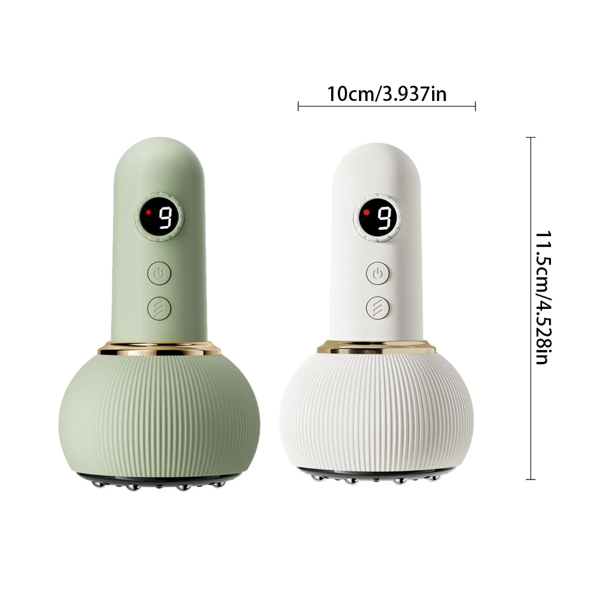 Massaggiatore elettrico verde e bianco con display rosso, base scanalata e pulsanti