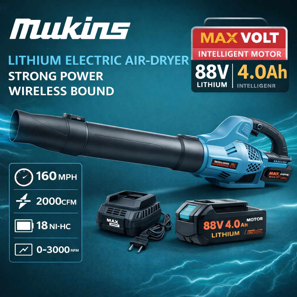 Soffiatore Elettrico a Batteria 88V Mukins Brushless – Soffia Foglie Professionale Wireless 160MPH 2000CFM con Batterie e Caricatore