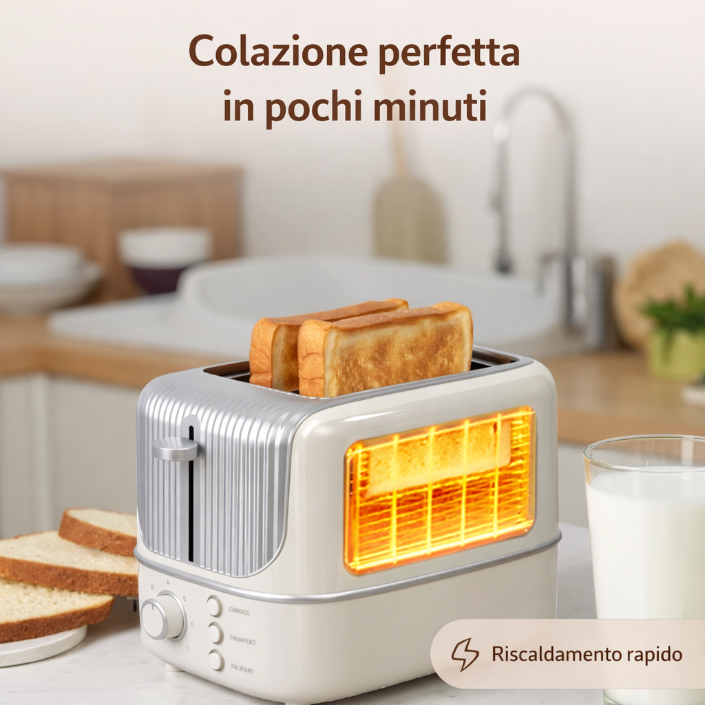 Tostapane bianco a 2 fette con slot illuminato e toast dorato al centro