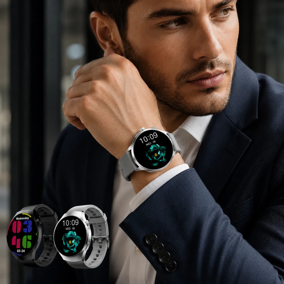 Smartwatch uomo con cinturino bianco e display circolare, quadrante con grafica blu