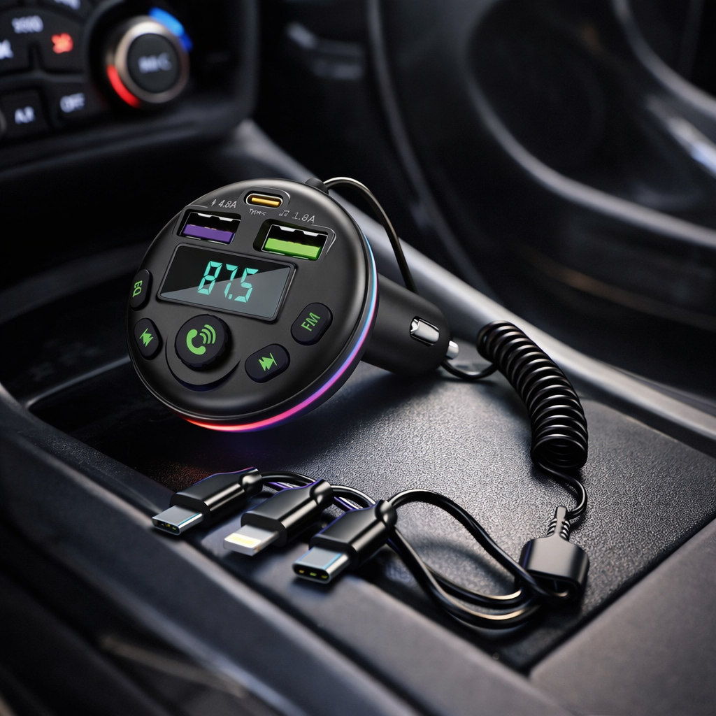 Trasmettitore FM Bluetooth per auto nero con display, cavo a spirale e porte USB, pulsanti FM