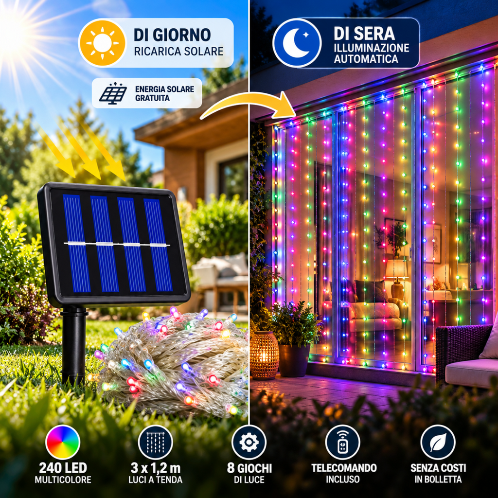 Luci a tenda LED solari multicolore con pannello fotovoltaico e telecomando