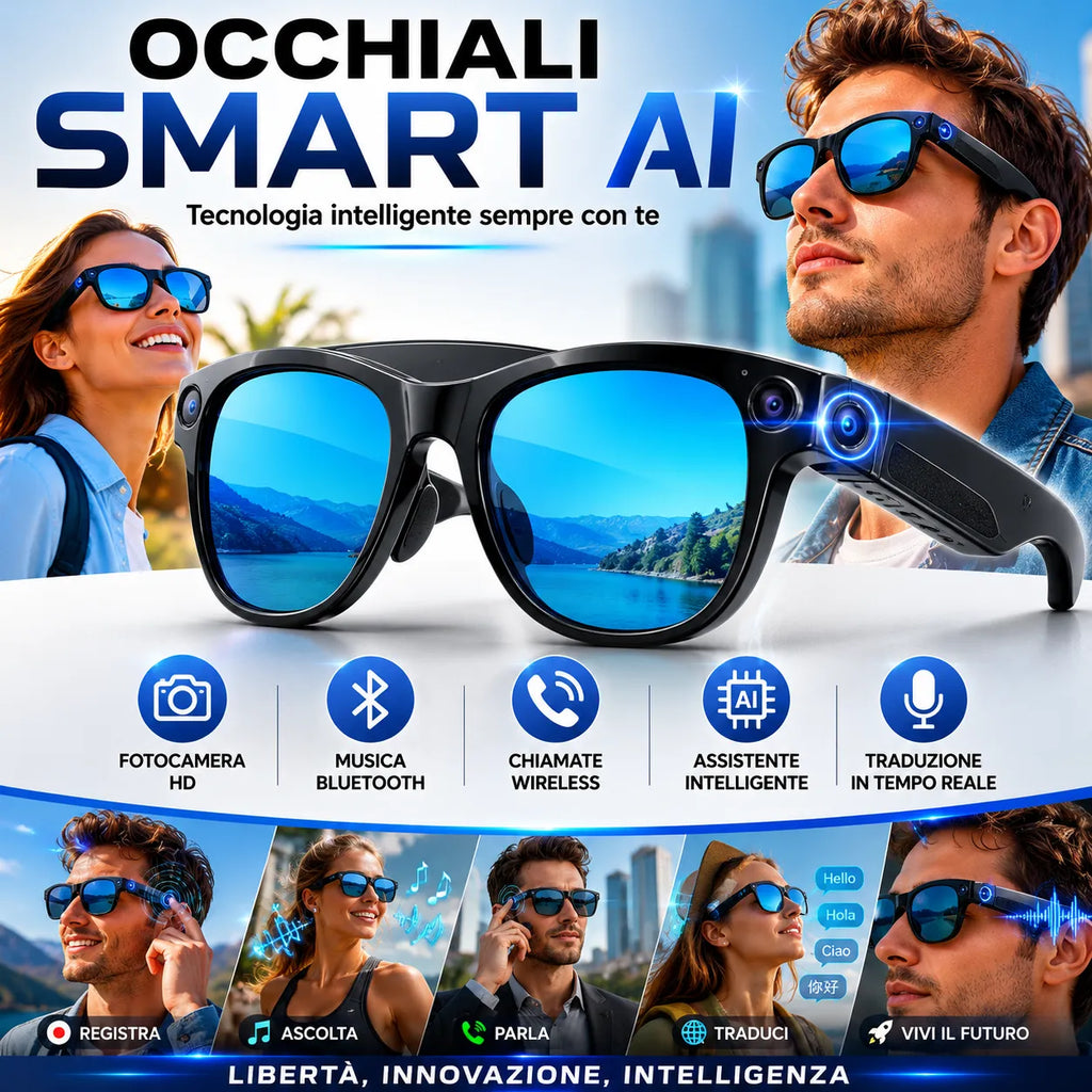 Occhiali smart AI neri con lenti blu specchiate e fotocamera integrata