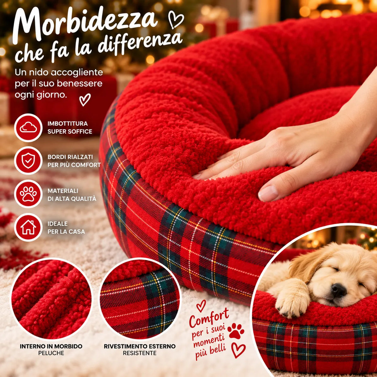 Cuccia rotonda rossa imbottita con mano, tessuto soffice e bordo tartan