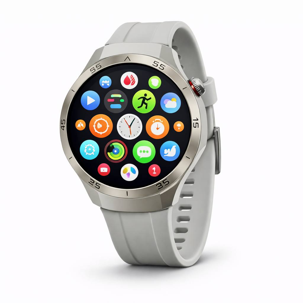 Smartwatch con cinturino grigio e quadrante nero con icone multicolori