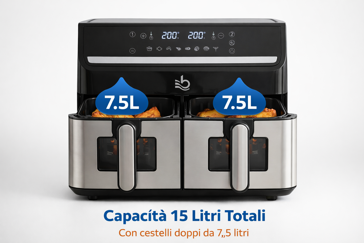 Friggitrice ad aria doppio scomparto con due cestelli estraibili e maniglie
