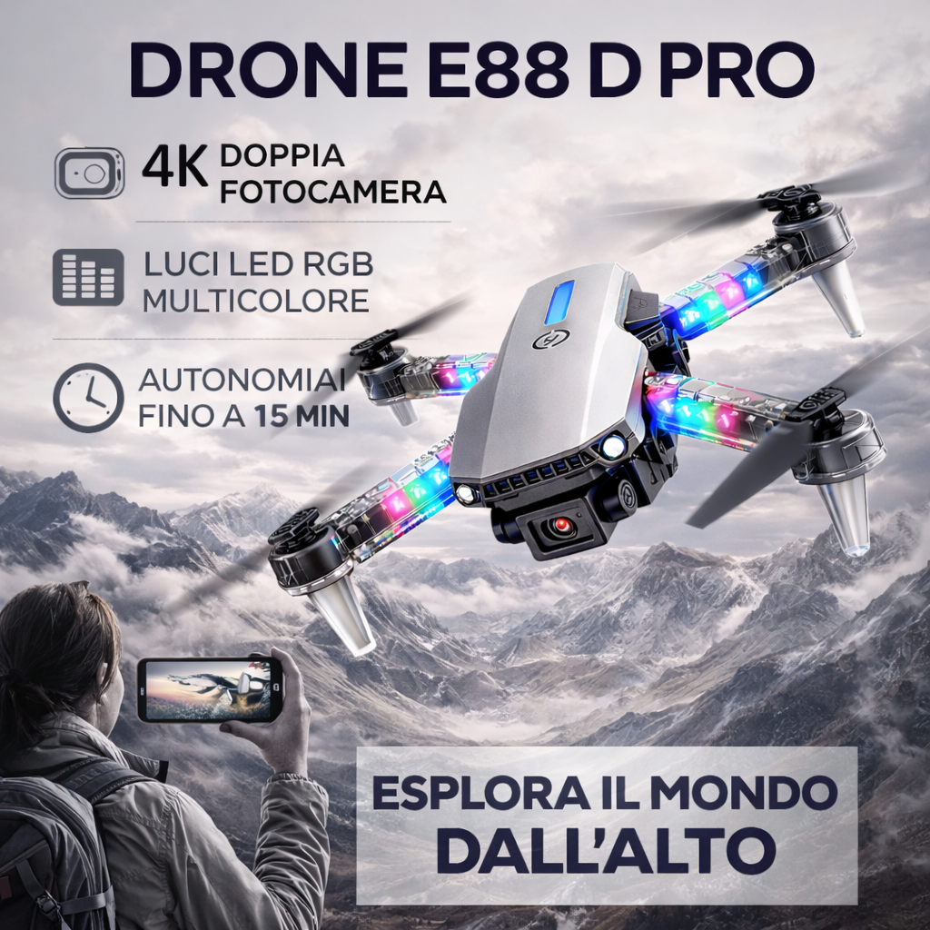 Drone pieghevole con luci LED RGB multicolore e fotocamera, telecomando su smartphone.