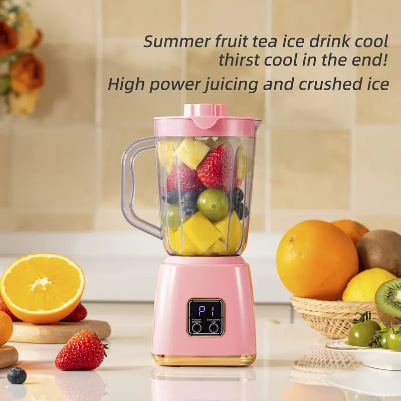 Frullatore portatile USB rosa con caraffa trasparente e pulsante digitale, pronto a frullare