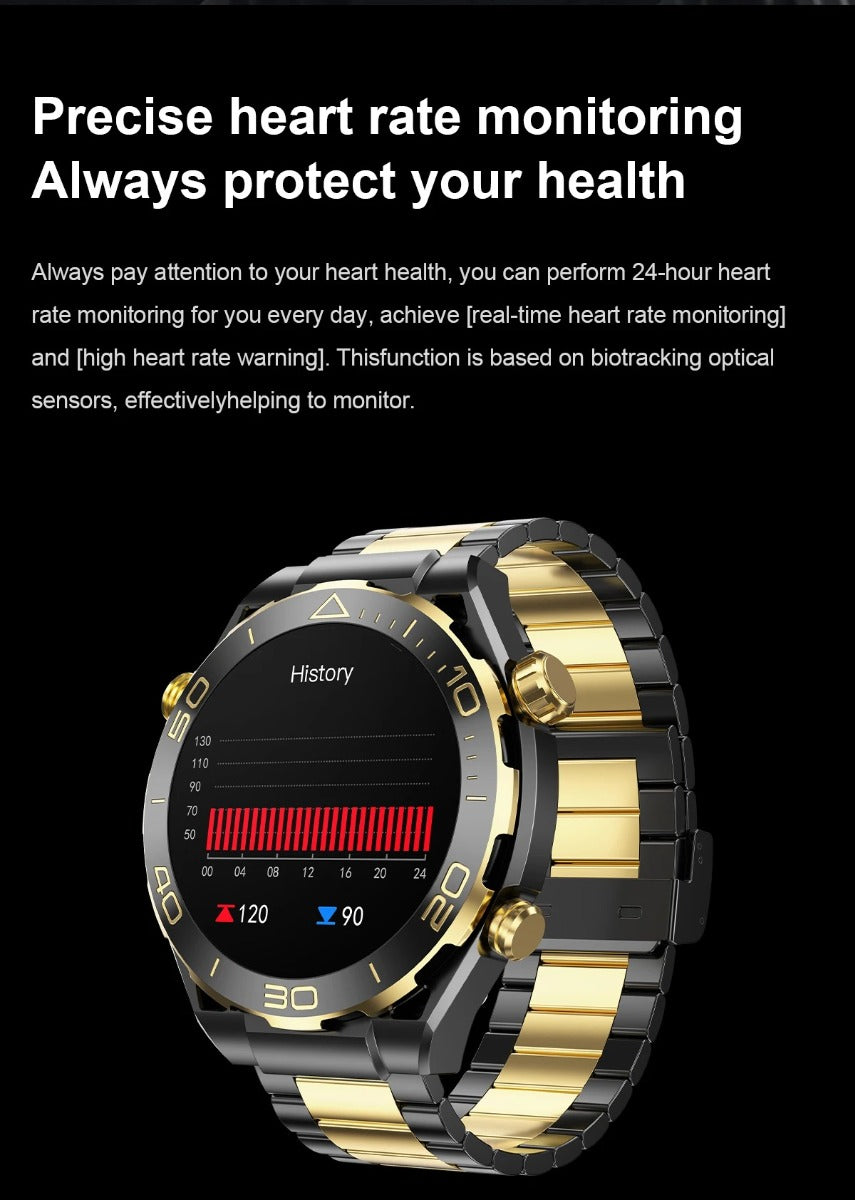 Orologio intelligente con cinturino a maglie oro e nere, quadrante nero con barre