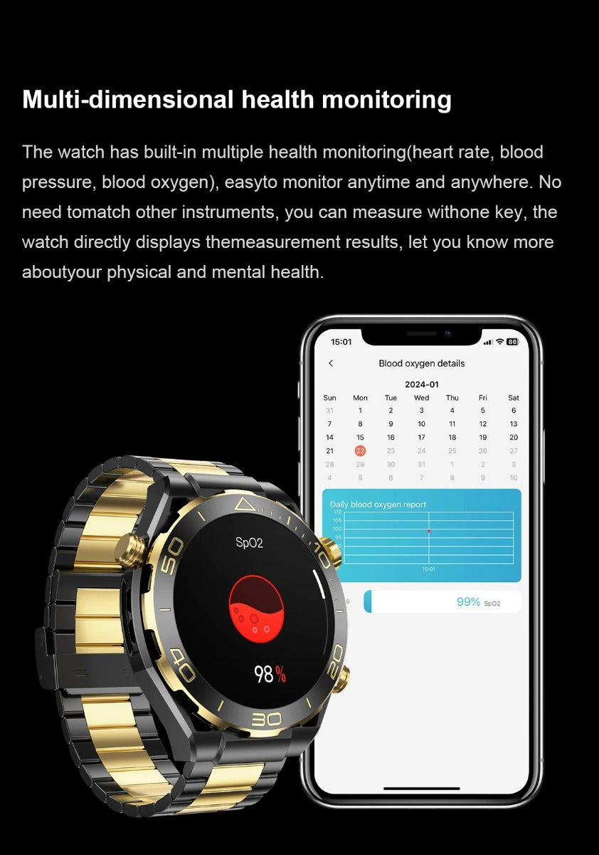 Orologio intelligente con cinturino a maglie oro e nere, quadrante nero e grafici