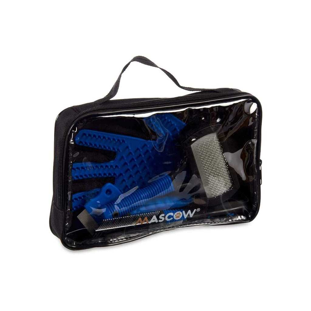 Astuccio nero con zip per set igiene animali, contiene pettini e spazzole blu
