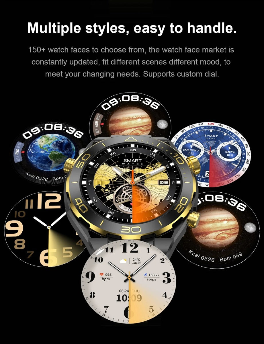 Orologio intelligente nero con ghiera dorata e quadranti personalizzabili