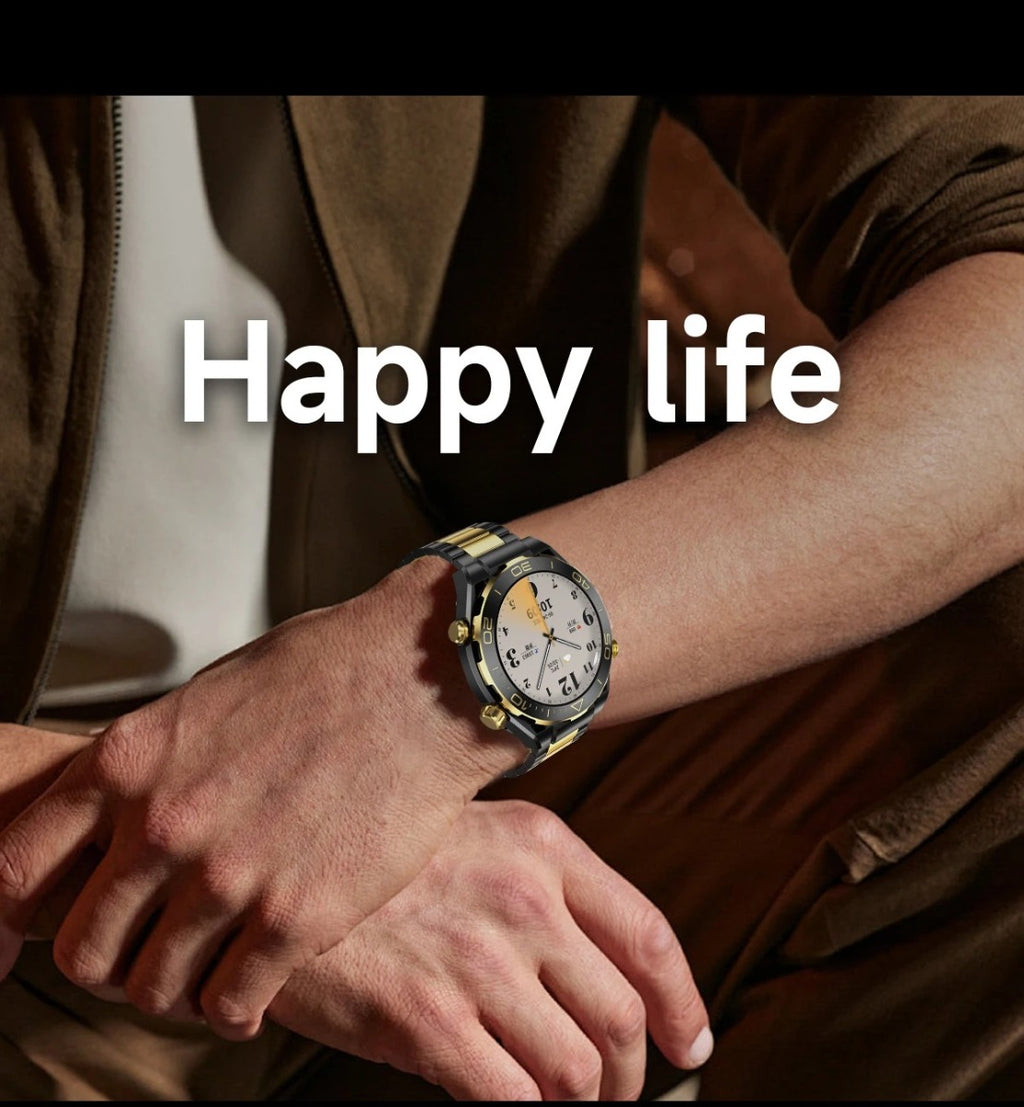Orologio intelligente con cinturino a maglie oro e nere, quadrante nero sul polso