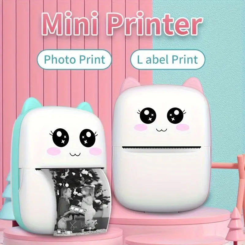 Mini stampante termica portatile bianca con cover gatto azzurra e faccina