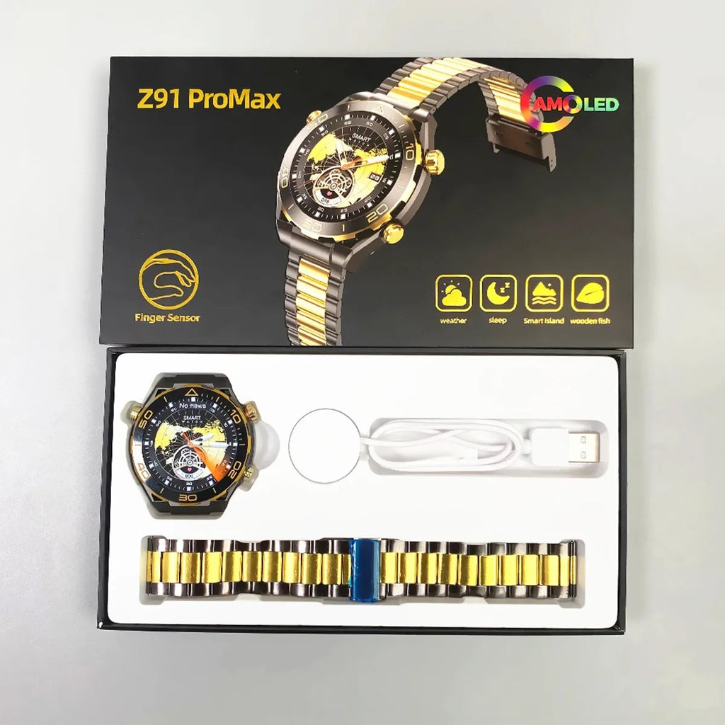 Orologio intelligente Z91 ProMax in confezione, cinturino a maglie oro e nere