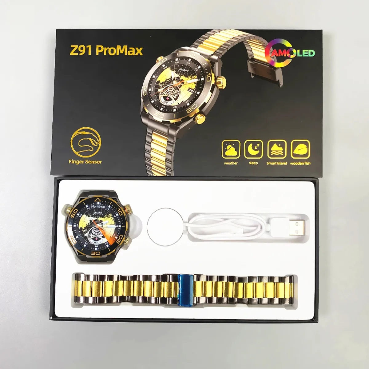 Orologio intelligente Z91 ProMax in confezione, cinturino a maglie oro e nere