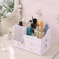 Organizer cosmetici bianco con cassetti e specchio, scomparti aperti per trucchi
