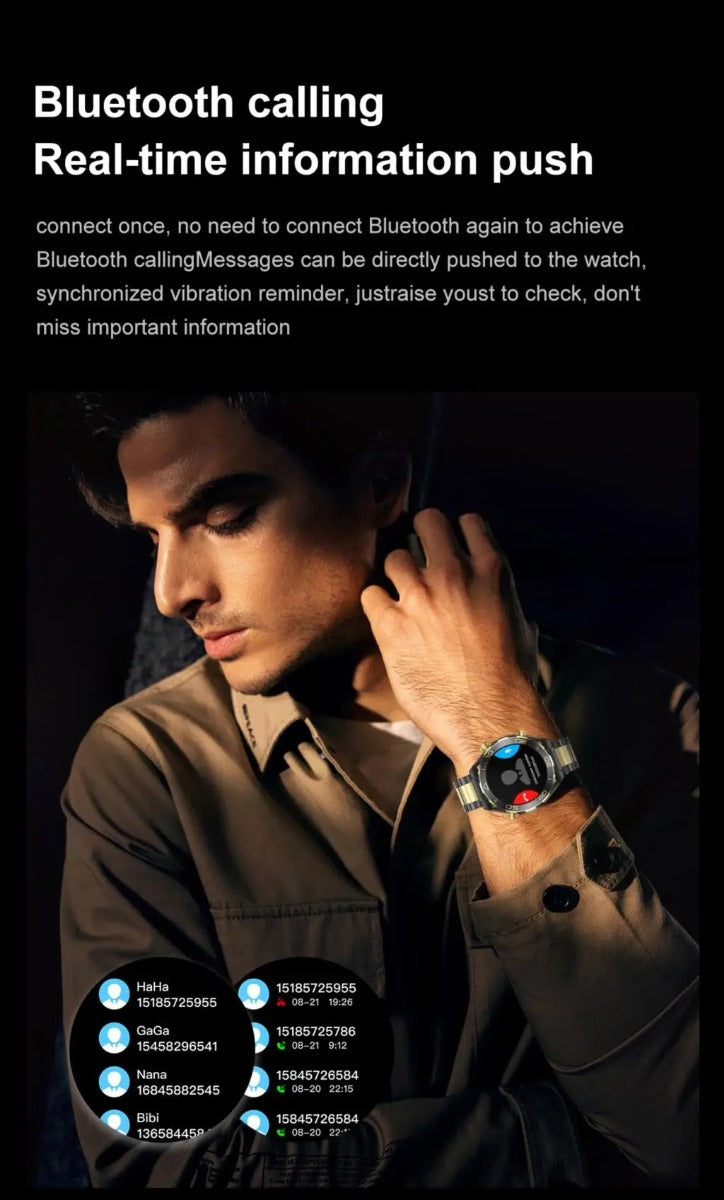 Orologio intelligente con cinturino a maglie nere e dorate, quadrante nero a schermo