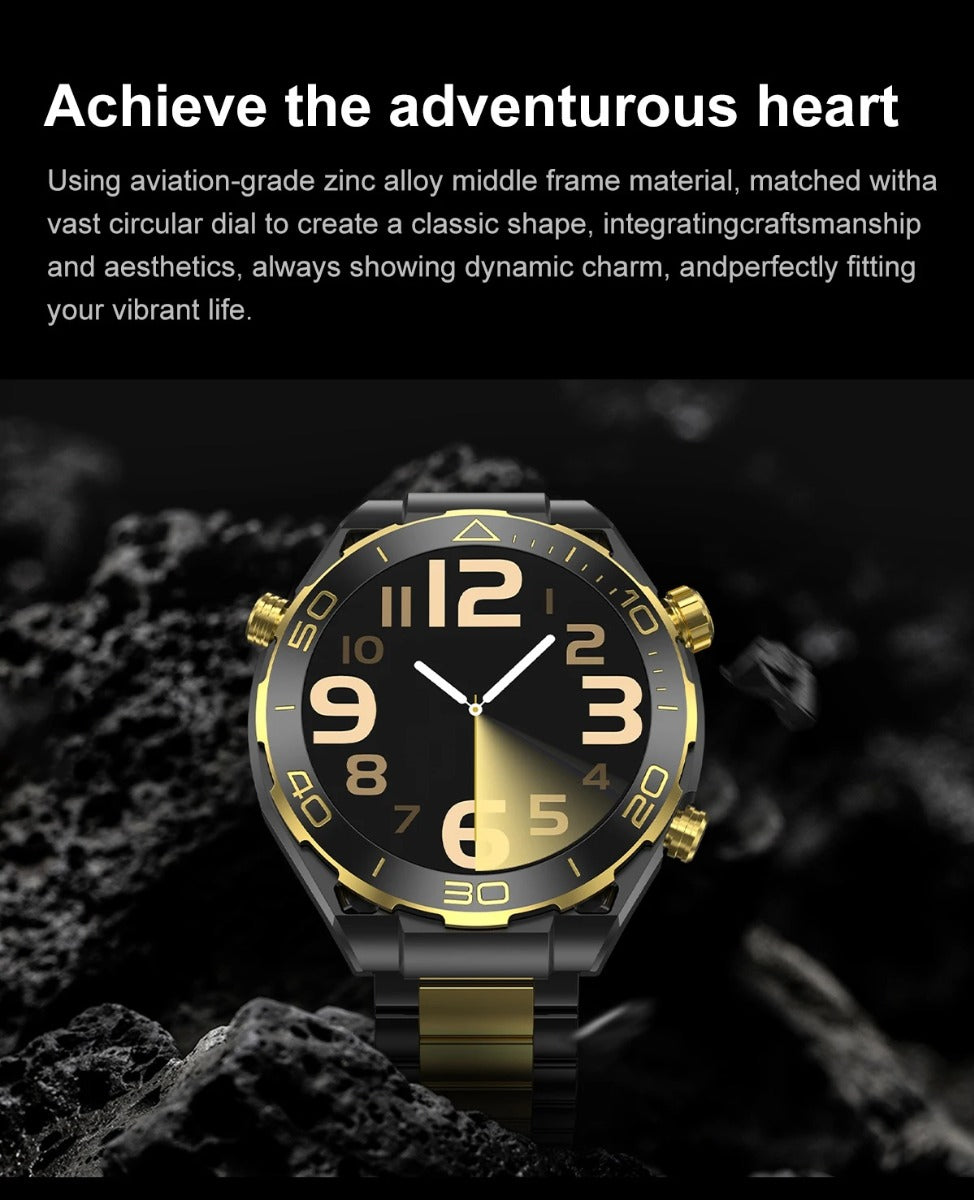 Orologio smartwatch nero e oro con quadrante circolare e cinturino a maglie