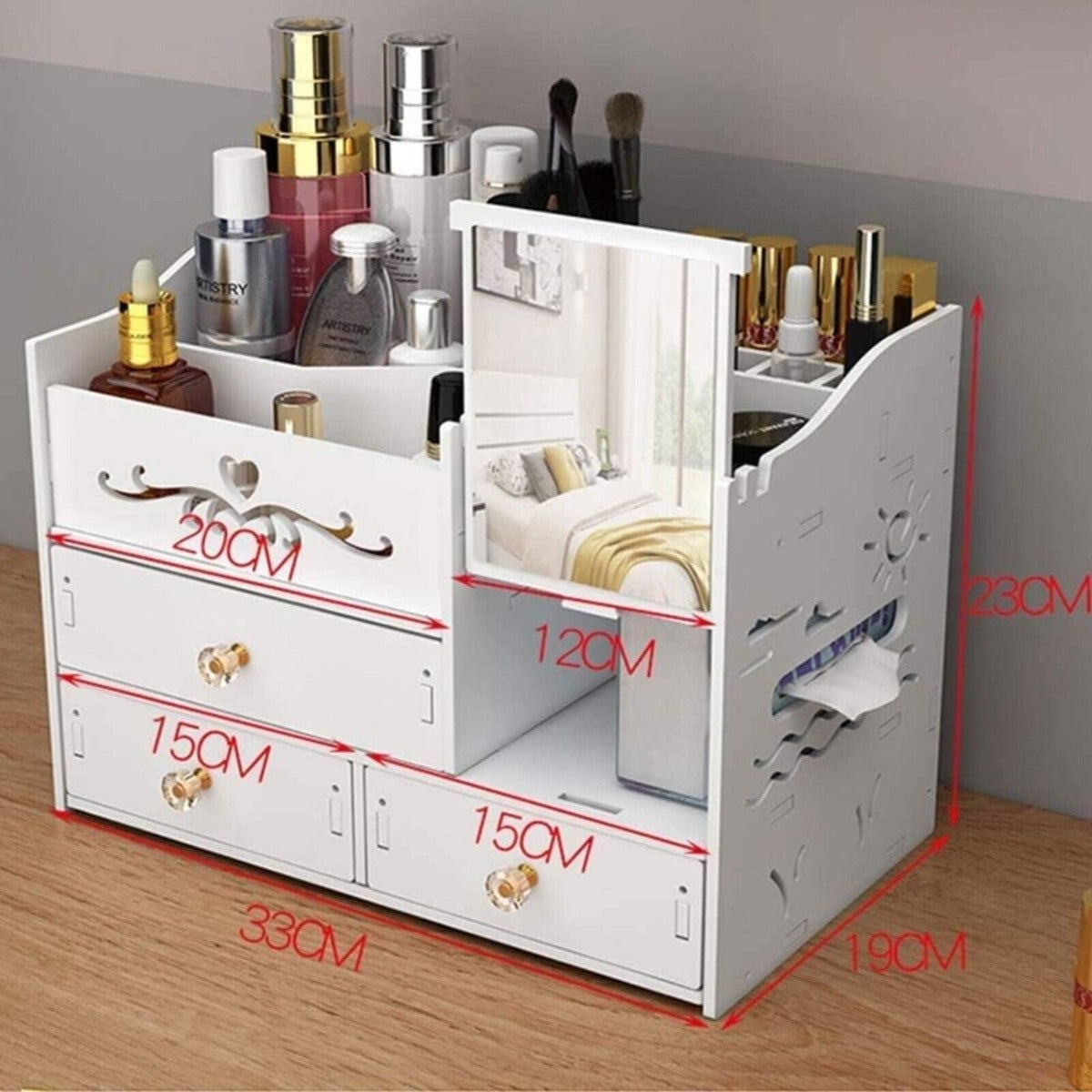 Organizer cosmetici bianco con cassetti e specchio, misure indicate in rosso