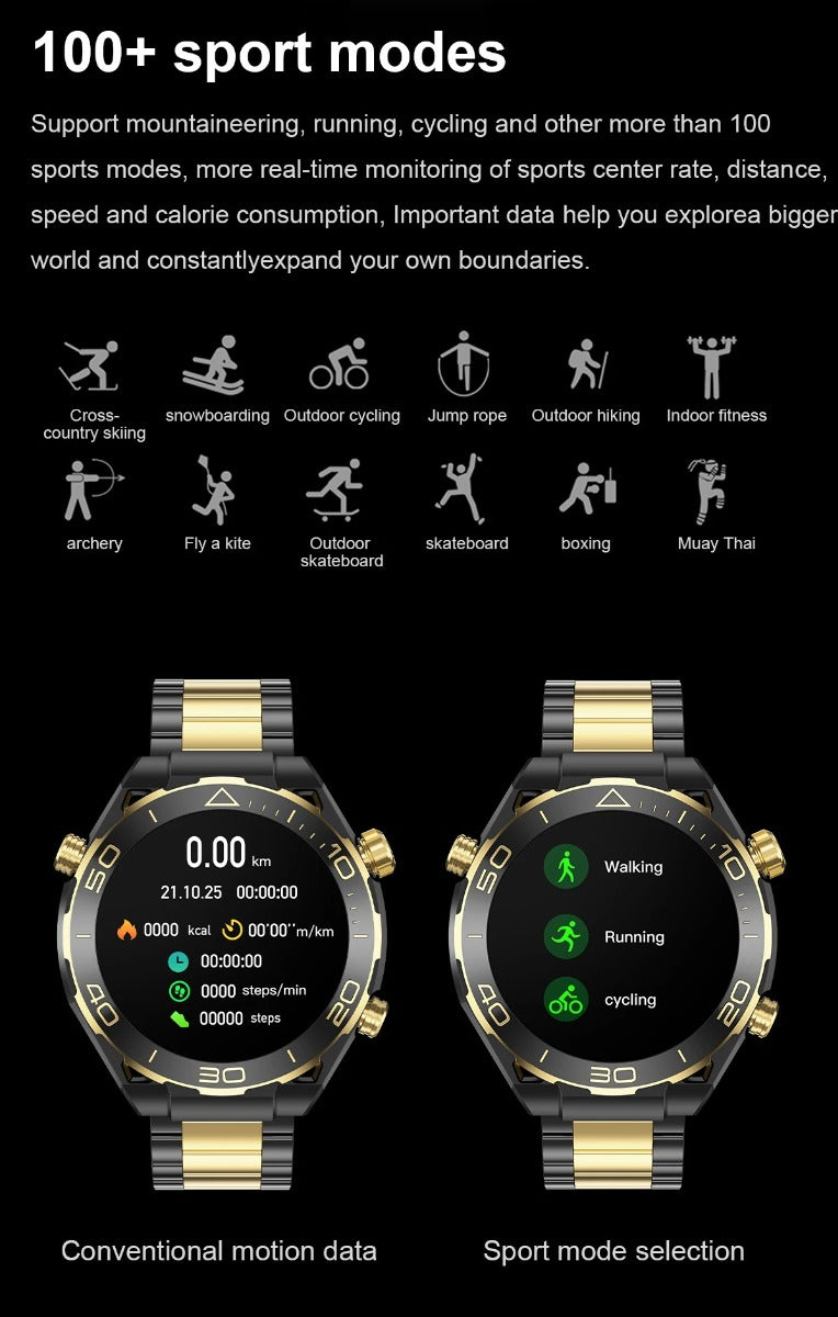 Orologio smartwatch nero e oro con display sport e cinturino a maglie