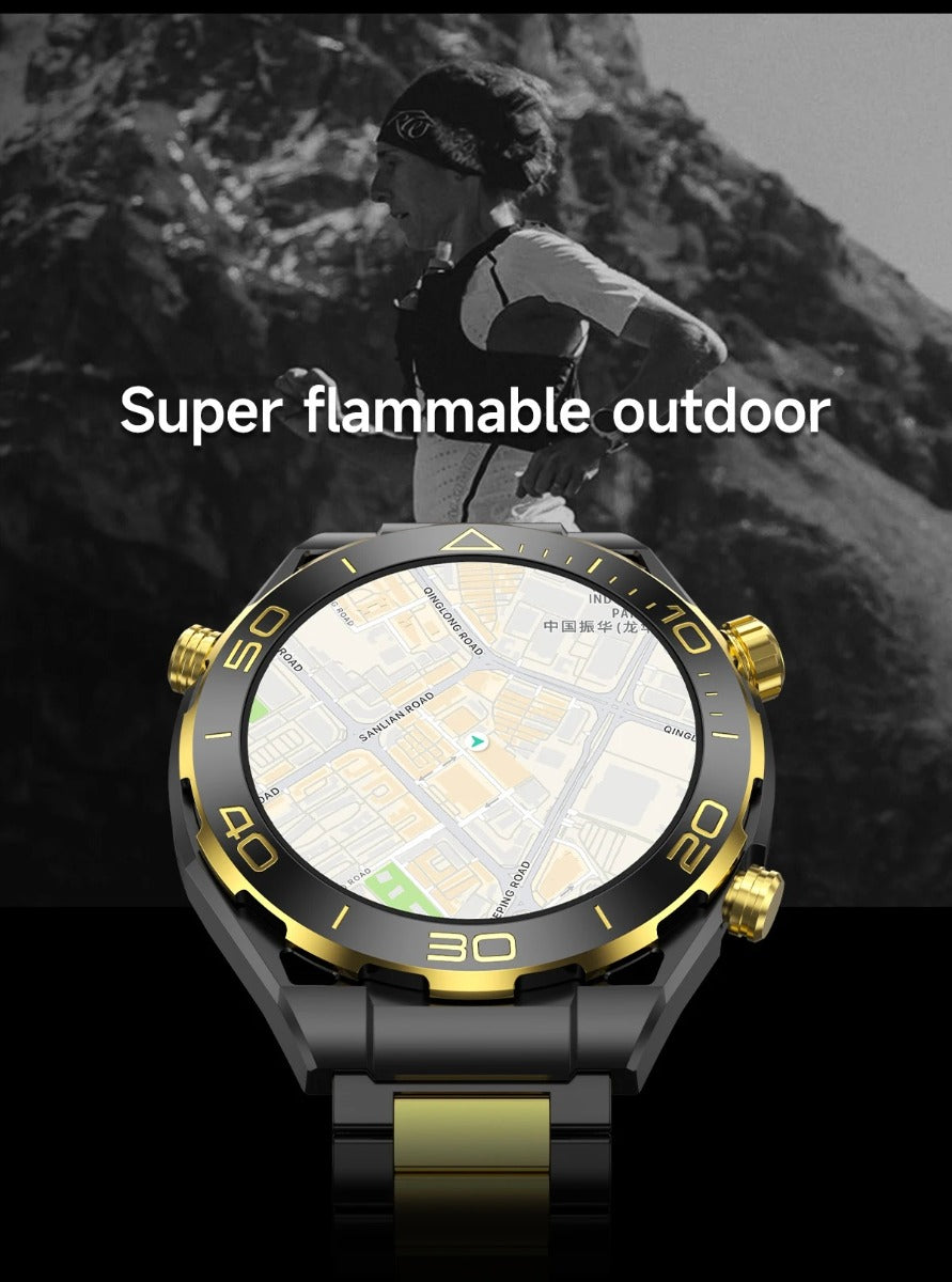 Orologio smartwatch nero e oro con display circolare e cinturino a maglie