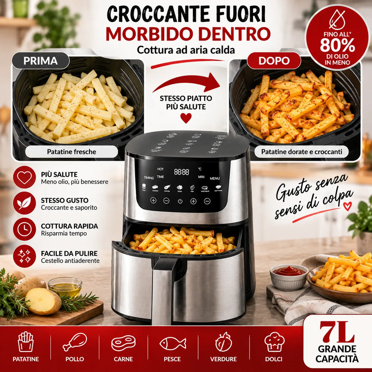 Friggitrice ad aria digitale 7L con cestello aperto e patatine dorate