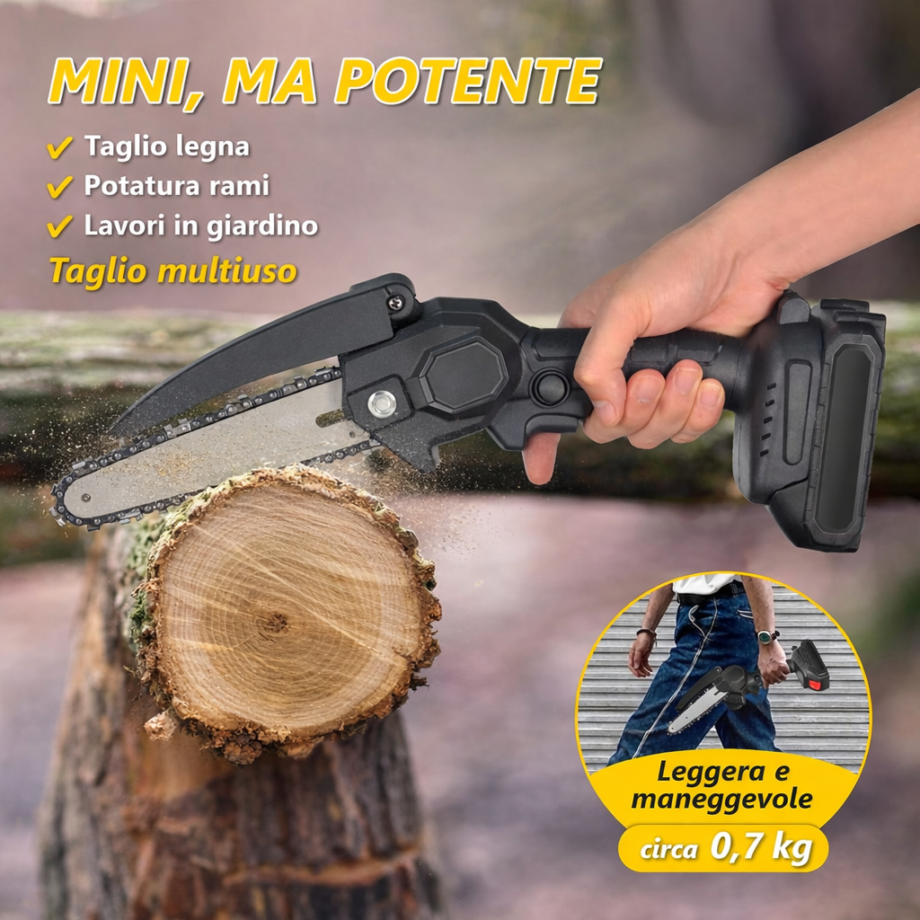 Mini Motosega Elettrica Ricaricabile 48V 4+1 Catene 6” con 2 Batterie e Valigetta  – Sega Potatura Leggera per Giardino e Legna