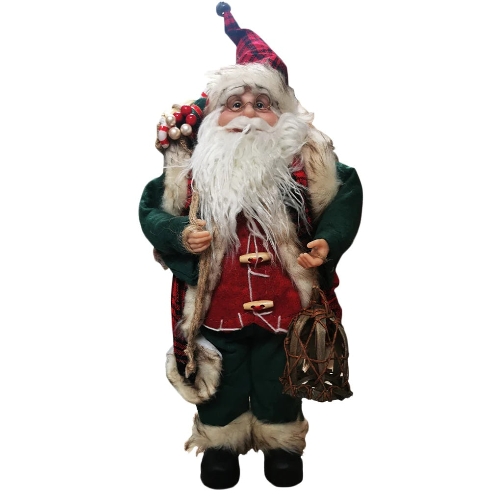 Statuina di Babbo Natale con barba bianca, cappello a quadri e mantello verde
