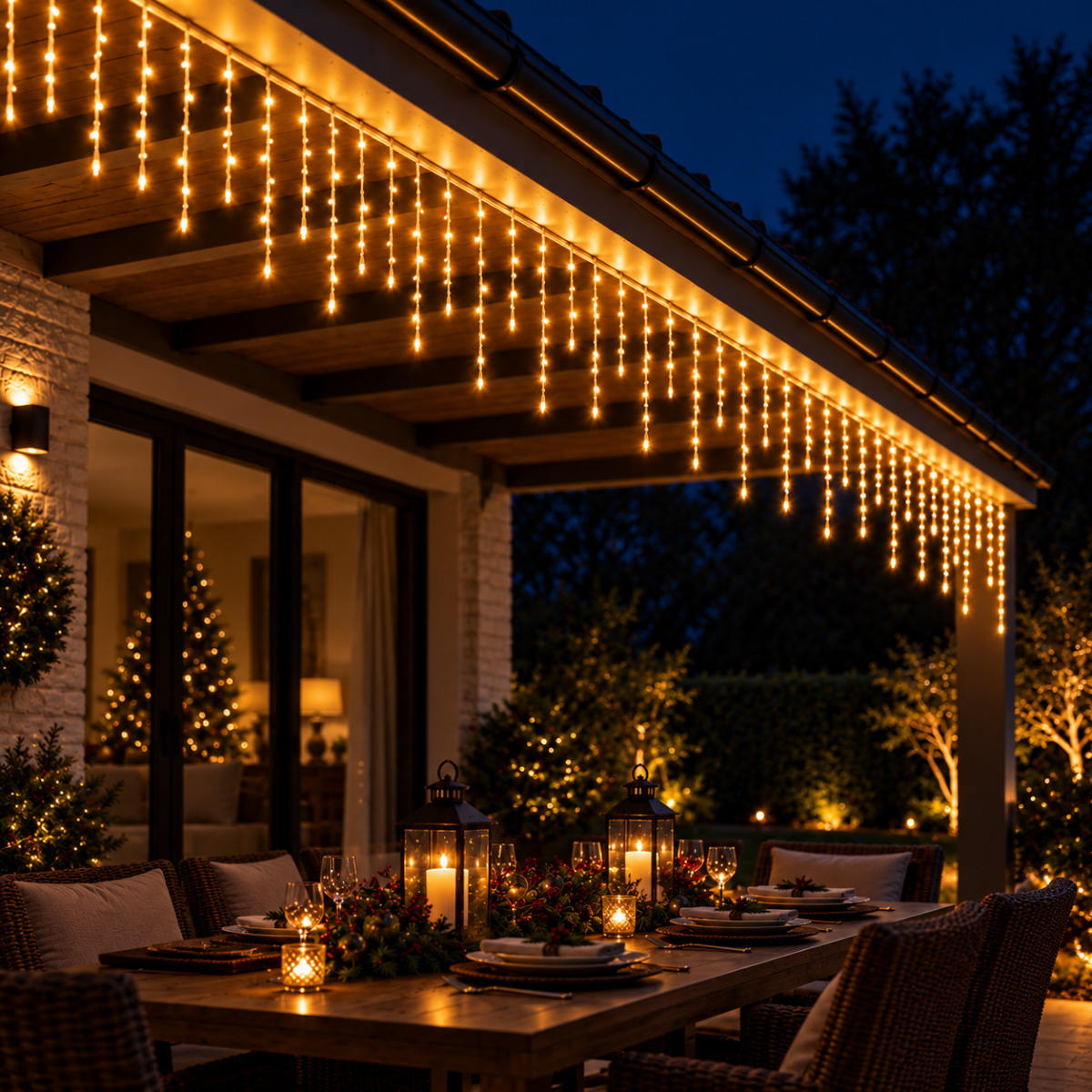 Tenda luminosa natalizia 150 LED bianco caldo, luce a pioggia sotto grondaia