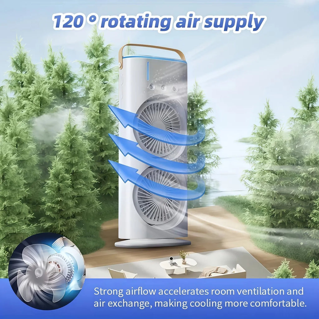 Ventilatore raffreddatore con doppia testa, flusso d’aria circolare a 120° e nebbiolina