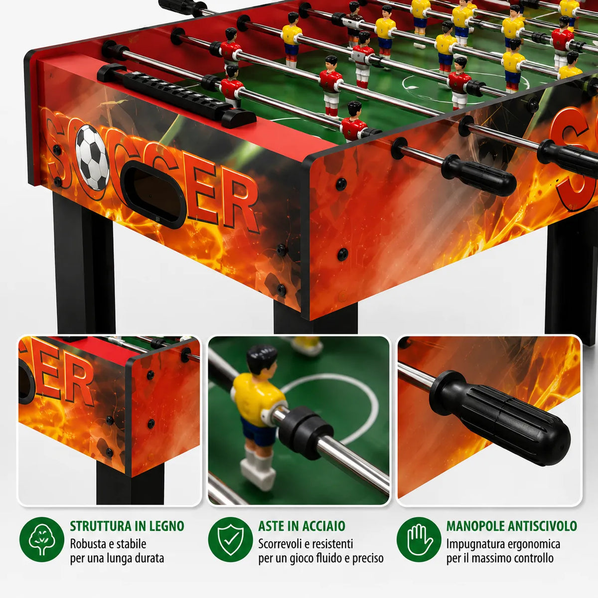 Tavolo da calcio balilla rosso con aste in acciaio e manopole antiscivolo nere.