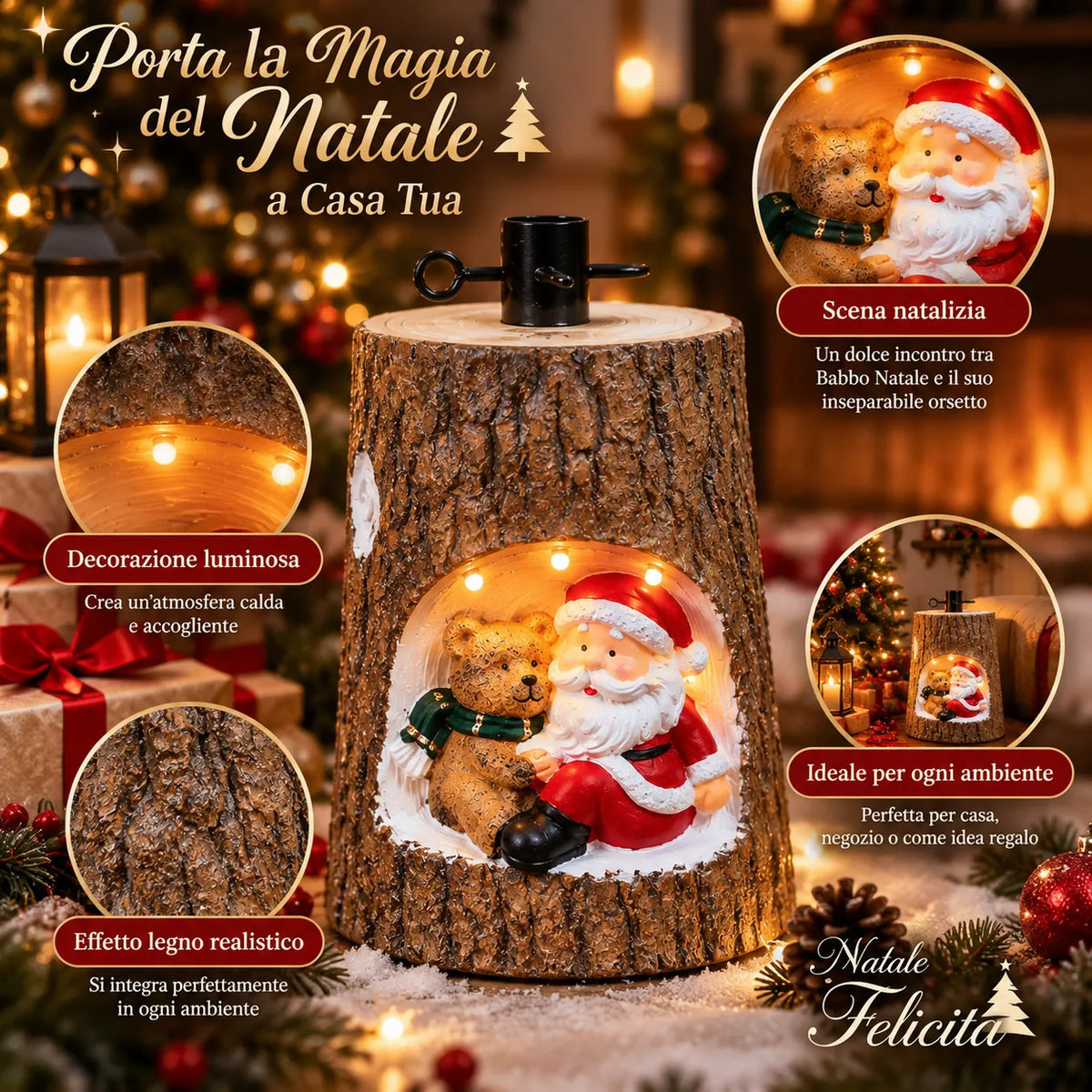 Tronco effetto legno con Babbo Natale e orsetto in cornice luminosa, decorazione da interno