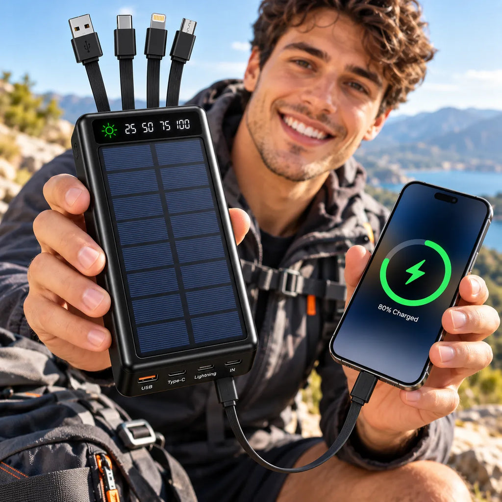 Power bank solare SKYLA SKY-2608 nero con pannello, display e cavi USB-C/Lightning.