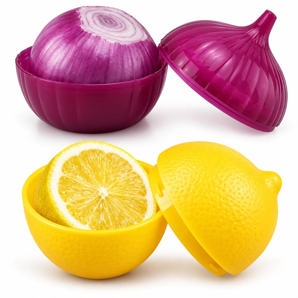 Contenitori in plastica per limone e cipolla con coperchi viola e gialli