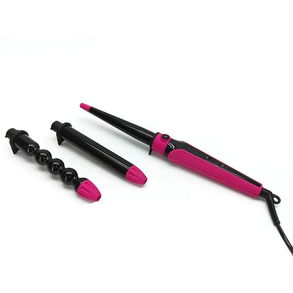 Arricciacapelli conico 3 in 1 con manico rosa e accessori neri ondulati