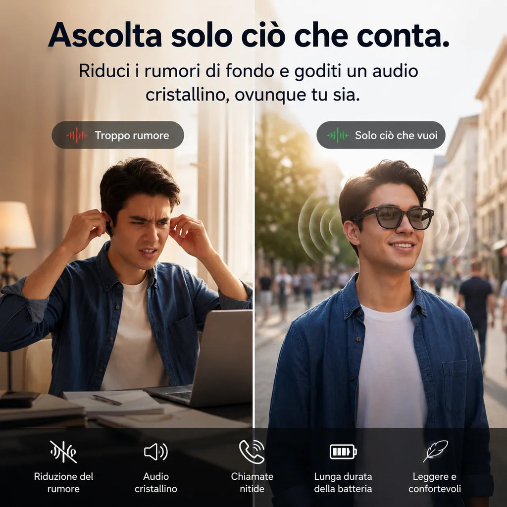 Occhiali smart indossati con lenti scure, montatura nera e supporto audio
