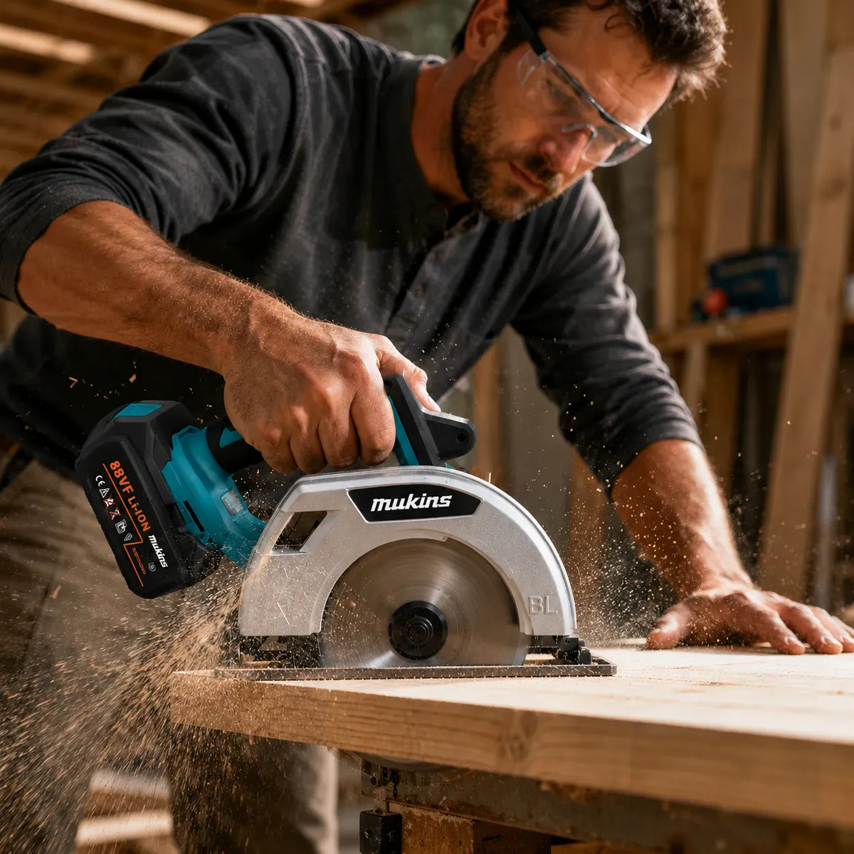 Sega circolare cordless blu con protezione della lama e impiego su tavola