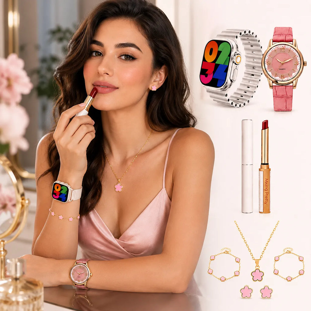 Set smartwatch con cinturino rosa: orologio analogico e rossetto