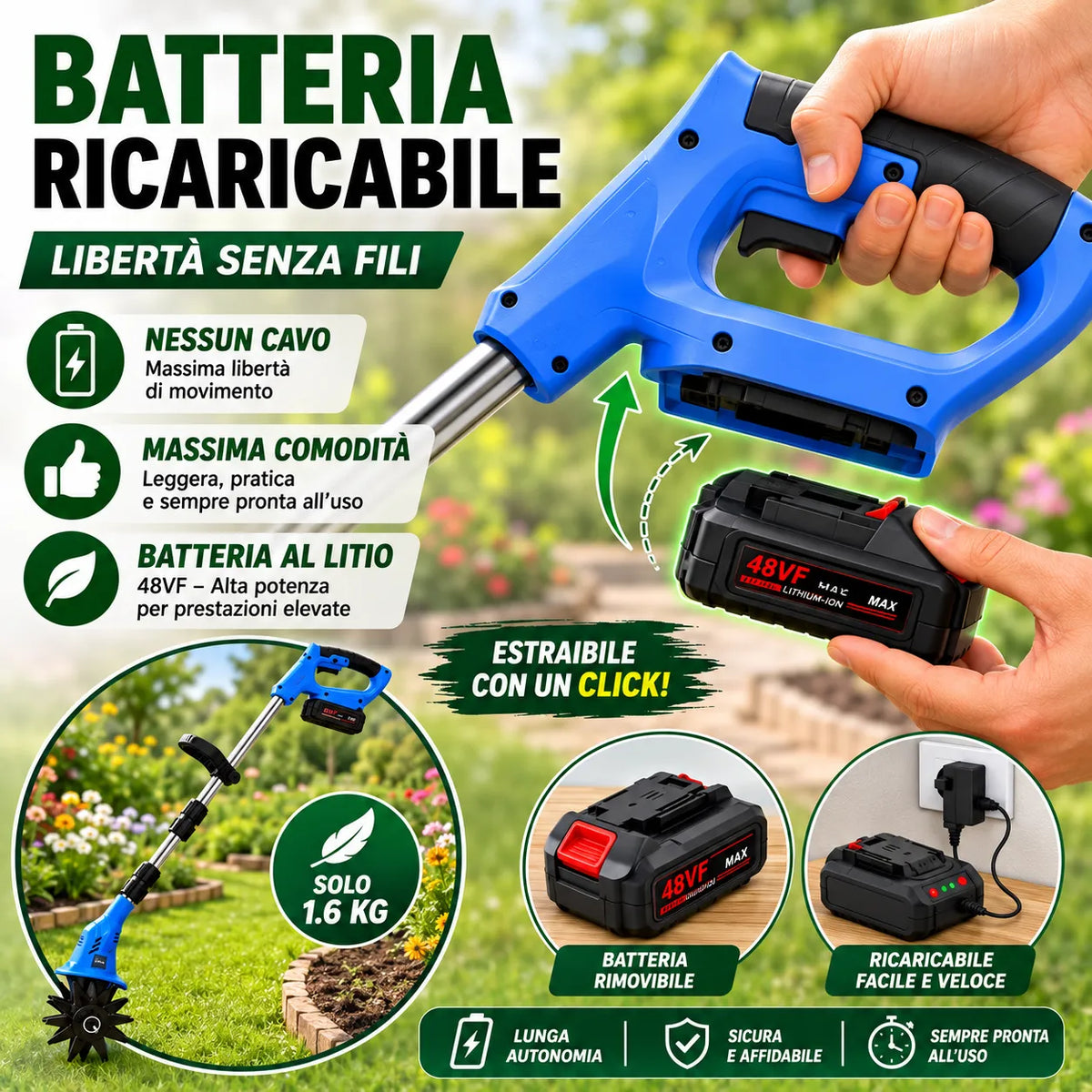 Micro coltivatore a batteria con impugnatura, vano batteria rimovibile e grilletto