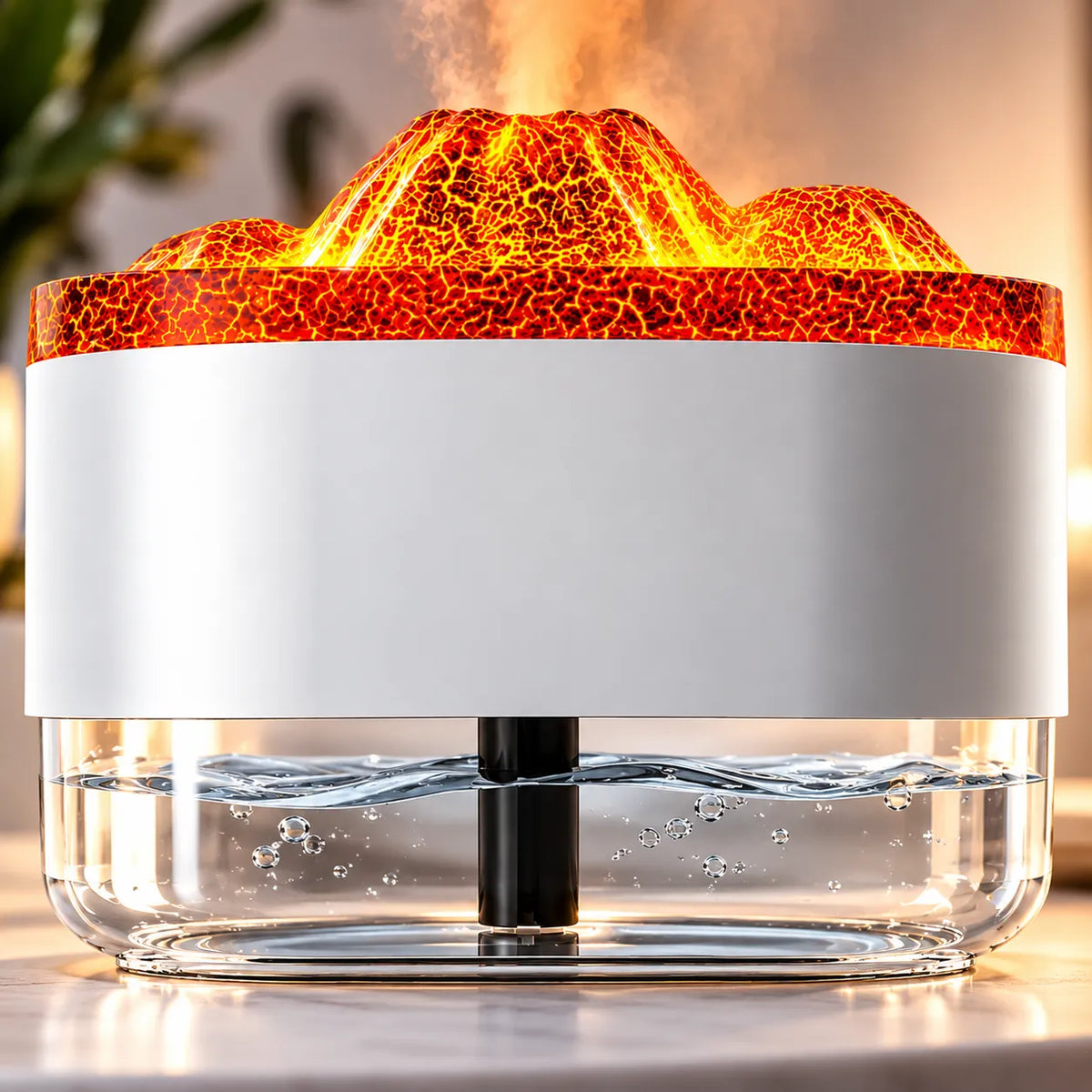 Diffusore di aromi con effetto vulcano luminoso e serbatoio trasparente con vapore
