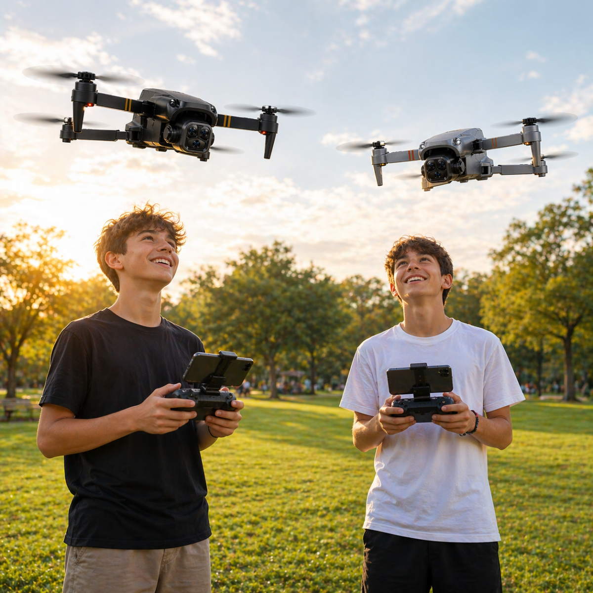 Mini drone pieghevole con telecamera HD, due droni in aria e telecomando