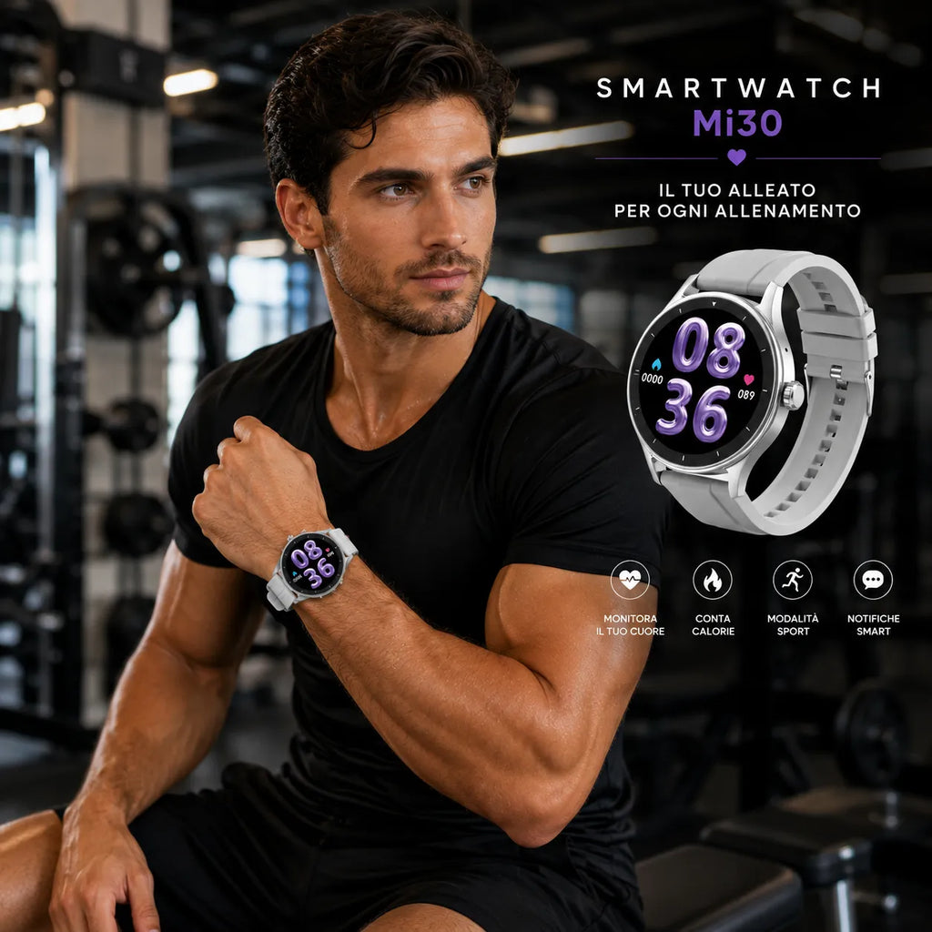 Smartwatch Beauty Miss Mi30 con cinturino grigio e display viola, indossato durante allenamento