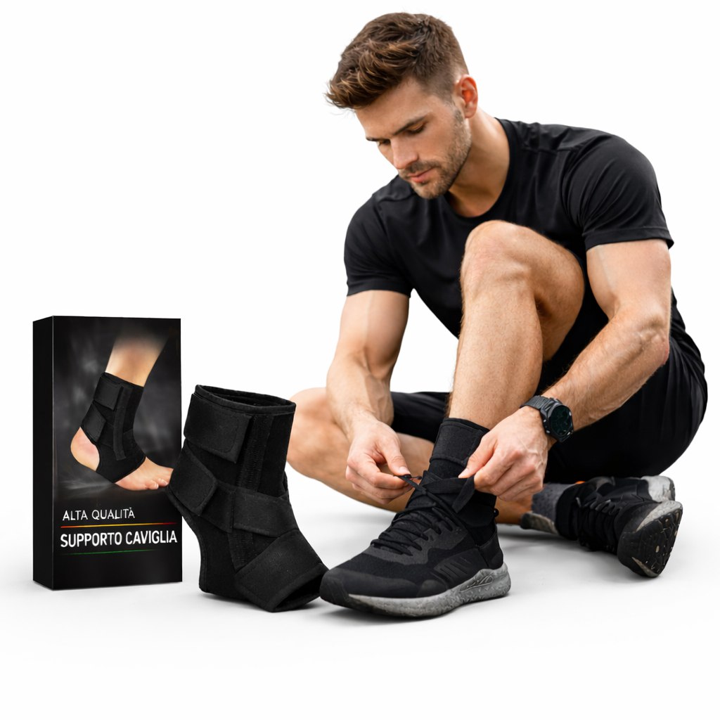 Tutore caviglia nero in neoprene, doppia fascia regolabile a strappo.