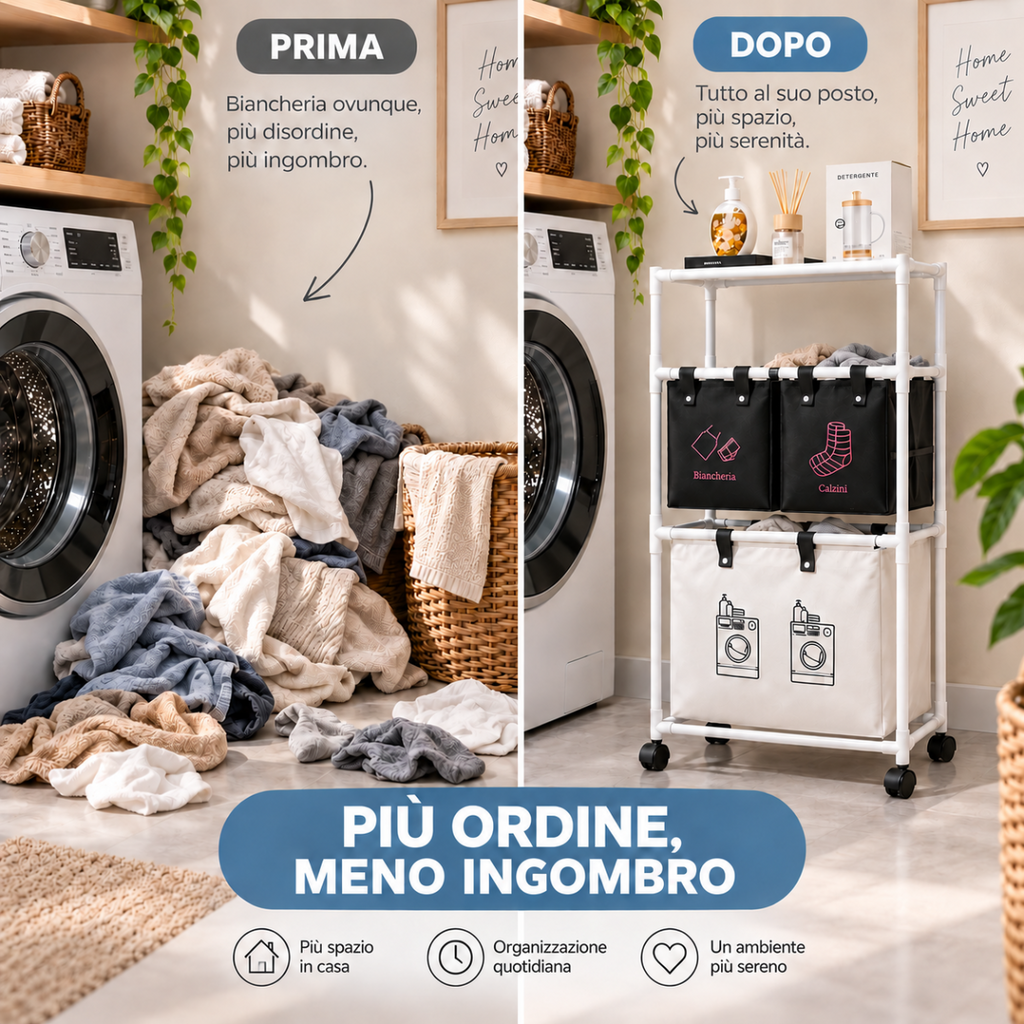 Organizer per bucato a 3 livelli con 3 sacche in tessuto nero, ruote e ripiano superiore