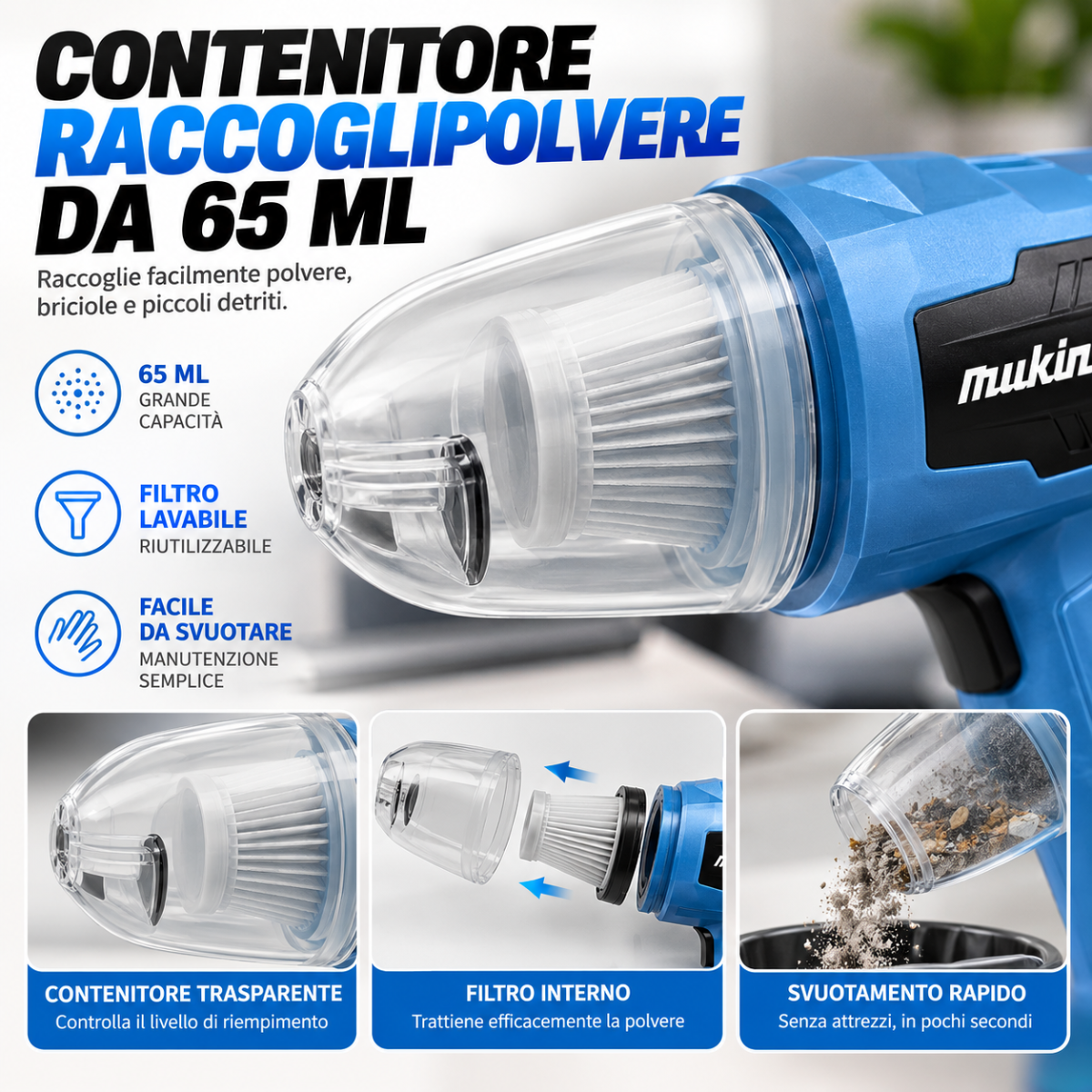 Aspirapolvere portatile blu con contenitore polvere trasparente e filtro interno