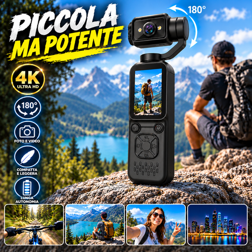 Action Cam Sportiva 4K con Testa Rotante 180°, Schermo LCD, Videocamera Portatile per Vlog, Viaggi, Sport e Riprese Outdoor - | Prendilo Subito