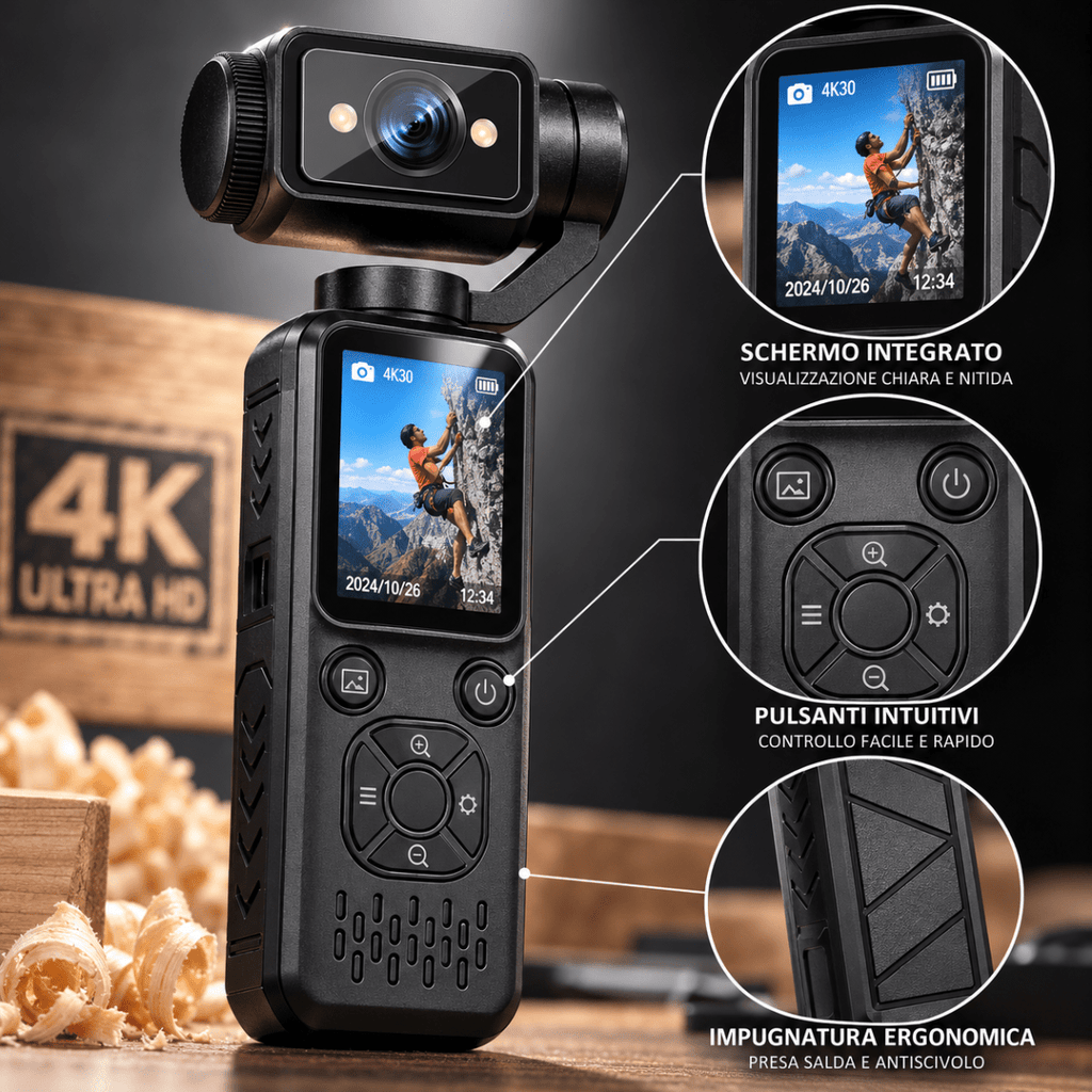 Action Cam Sportiva 4K con Testa Rotante 180°, Schermo LCD, Videocamera Portatile per Vlog, Viaggi, Sport e Riprese Outdoor - | Prendilo Subito